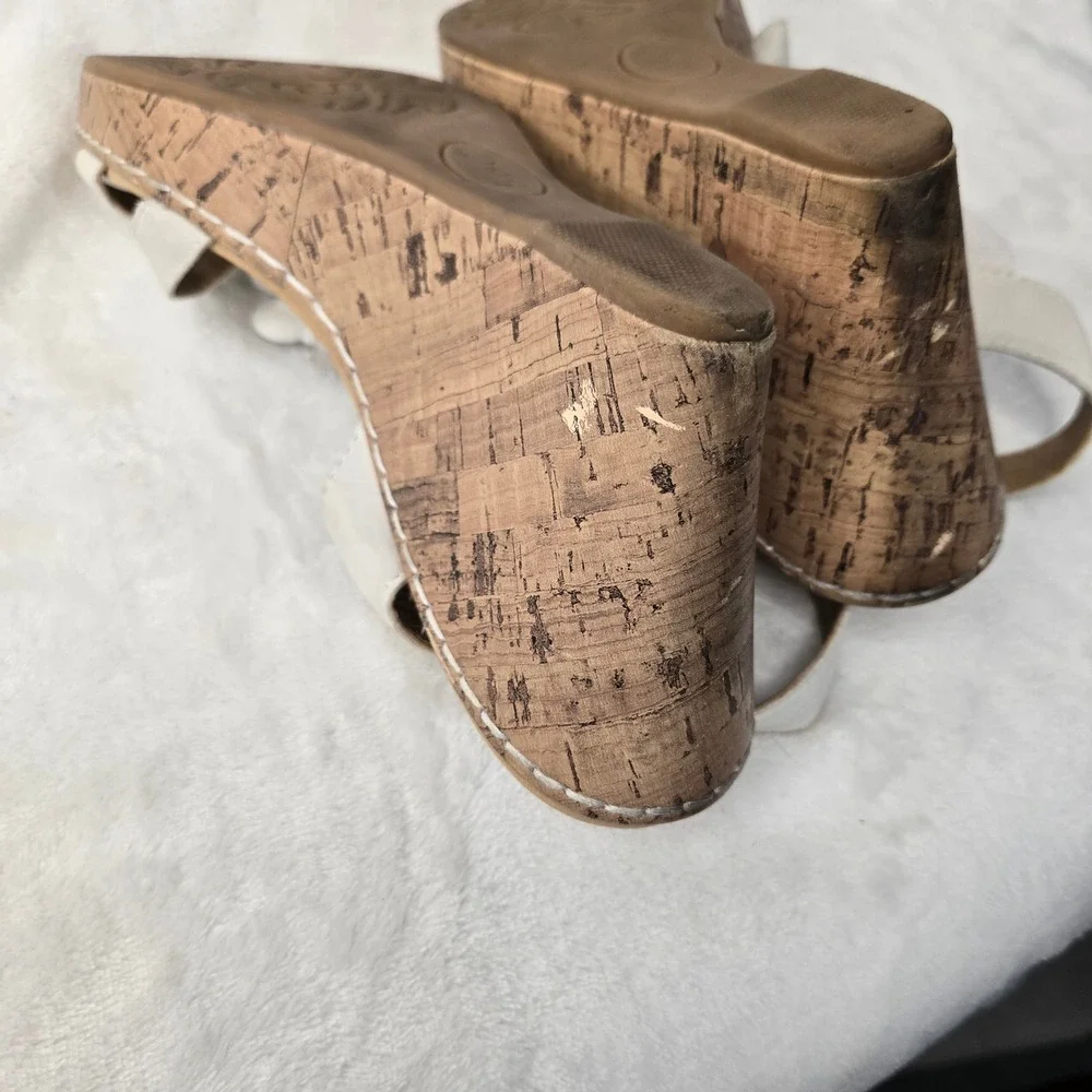 White Floral Wedge Sandals Cork Platform Strappy Summer Shoes Women Size 8